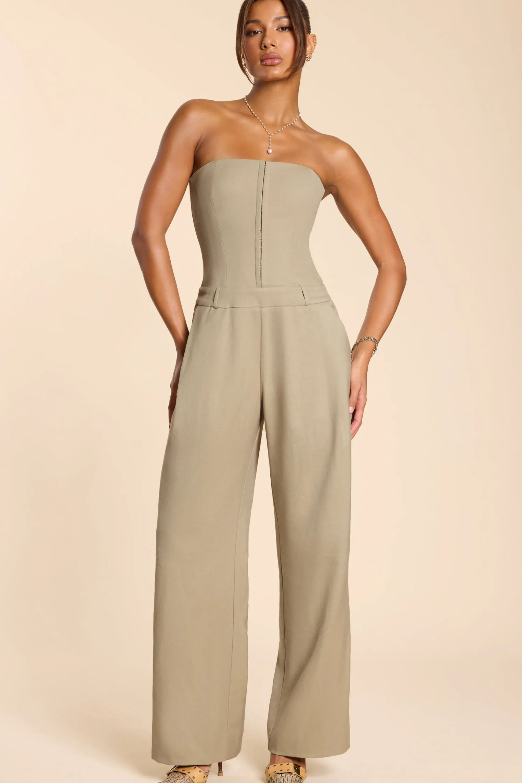 Oh Polly Jumpsuits & Unitards | Fall Outfits^Brushed Twill Bandeau Corset Jumpsuit in Taupe