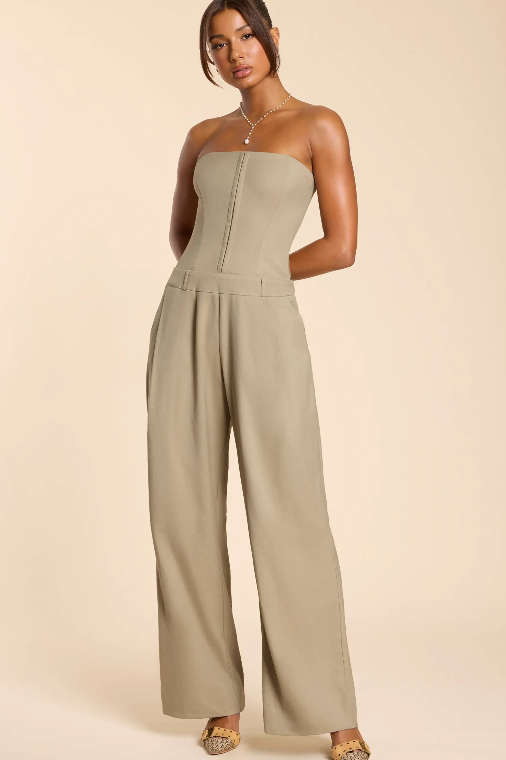 Oh Polly Jumpsuits & Unitards | Fall Outfits^Brushed Twill Bandeau Corset Jumpsuit in Taupe