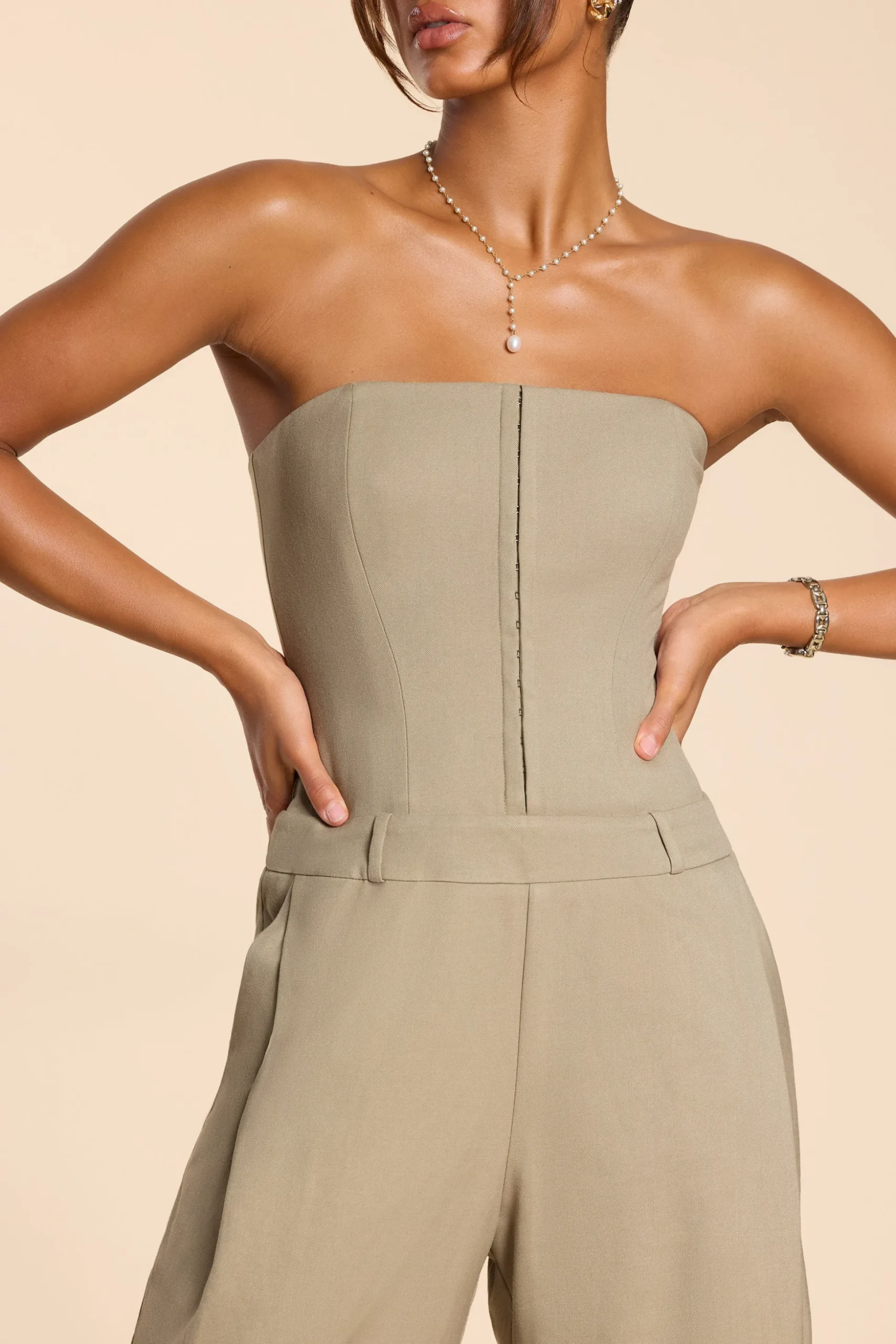 Oh Polly Jumpsuits & Unitards | Fall Outfits^Brushed Twill Bandeau Corset Jumpsuit in Taupe