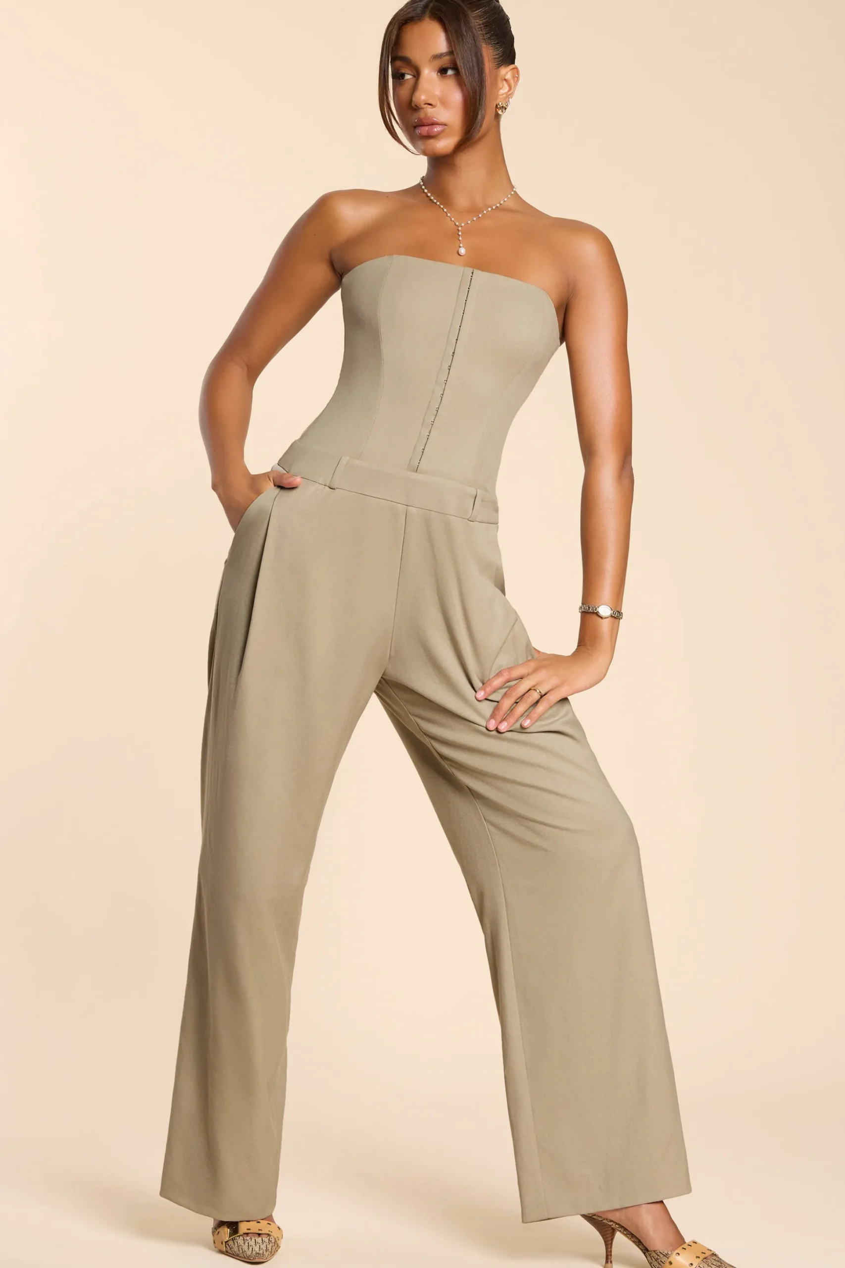 Oh Polly Jumpsuits & Unitards | Fall Outfits^Brushed Twill Bandeau Corset Jumpsuit in Taupe