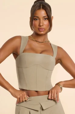 Oh Polly Co-Ords | Tops^Brushed Twill Square Neck Tailored Top in Taupe