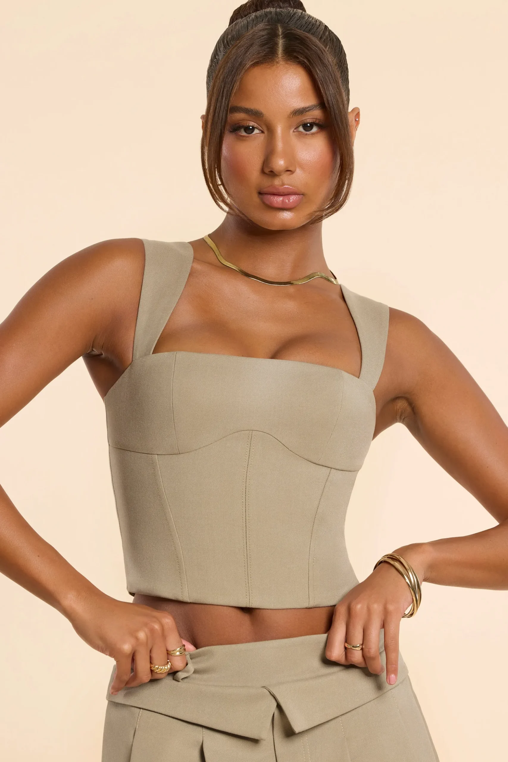 Oh Polly Co-Ords | Tops^Brushed Twill Square Neck Tailored Top in Taupe