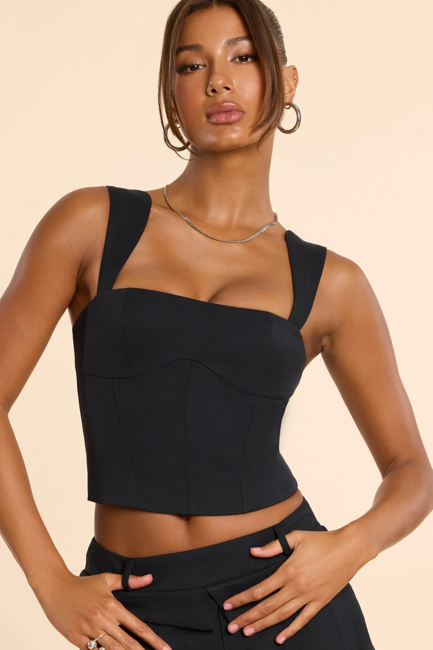 Oh Polly Co-Ords | Tops^Brushed Twill Square Neck Tailored Top in Black