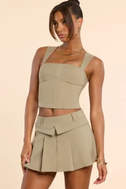 Oh Polly Co-Ords | Tops^Brushed Twill Square Neck Tailored Top in Taupe