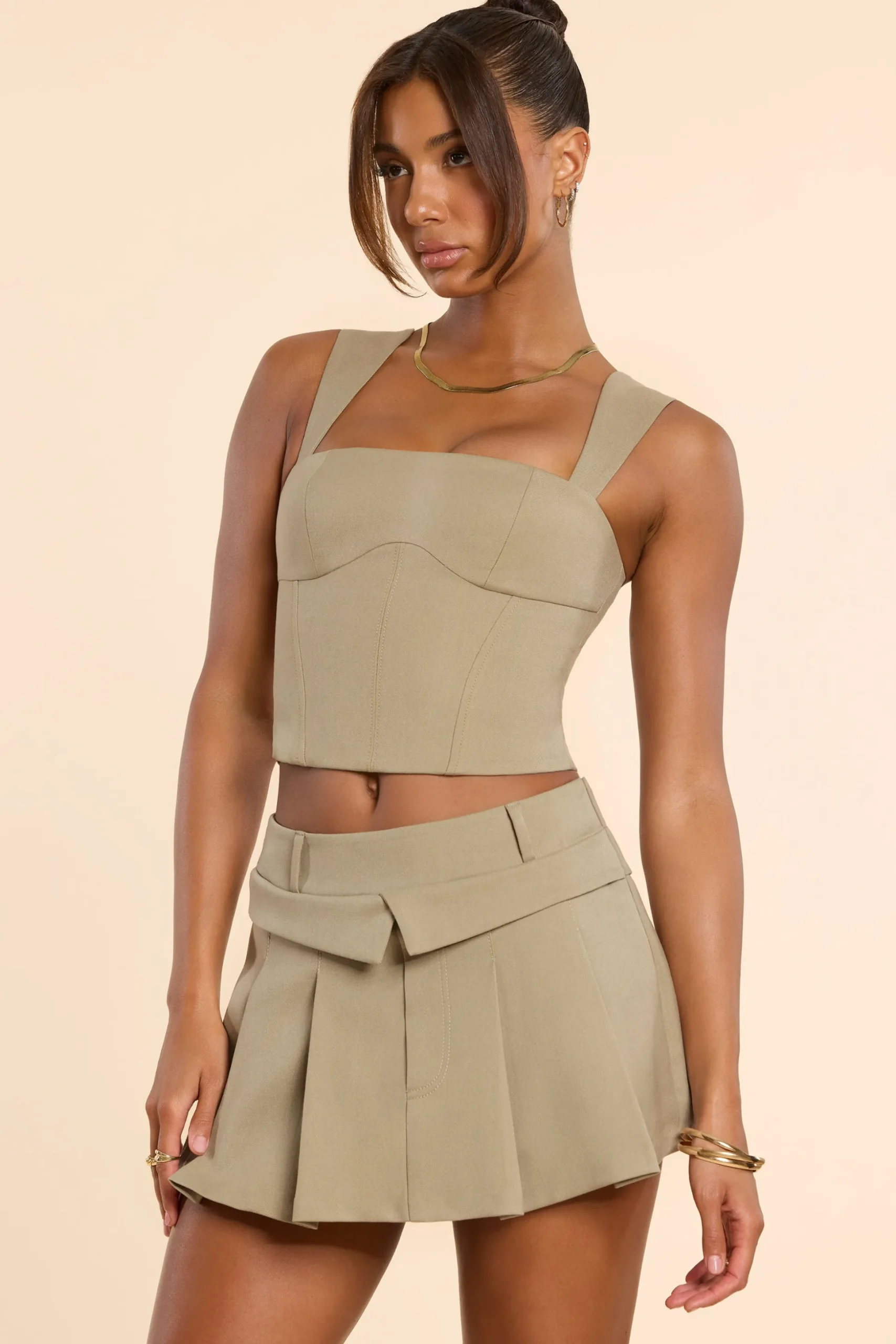 Oh Polly Co-Ords | Tops^Brushed Twill Square Neck Tailored Top in Taupe