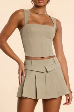 Oh Polly Co-Ords | Tops^Brushed Twill Square Neck Tailored Top in Taupe