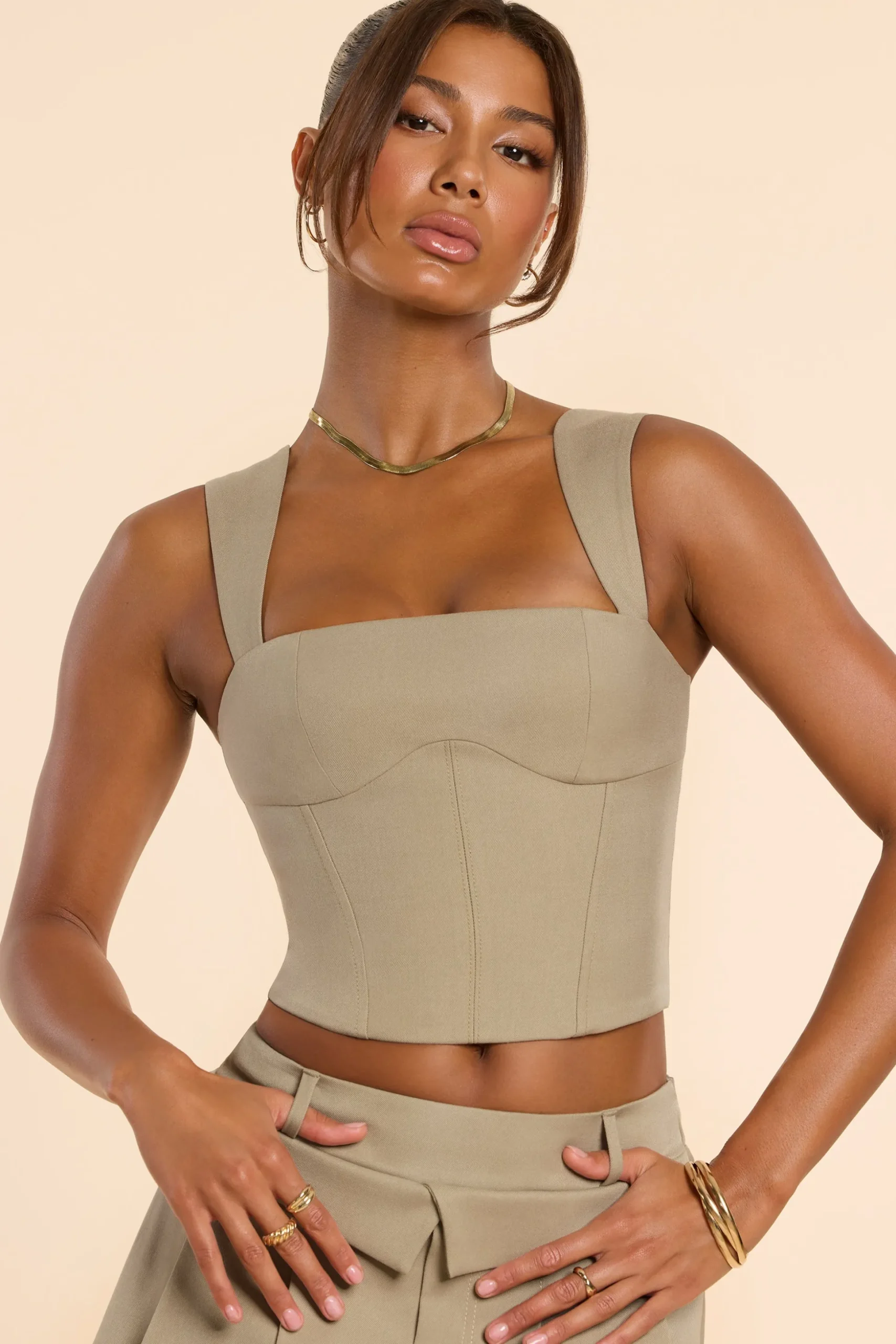 Oh Polly Co-Ords | Tops^Brushed Twill Square Neck Tailored Top in Taupe