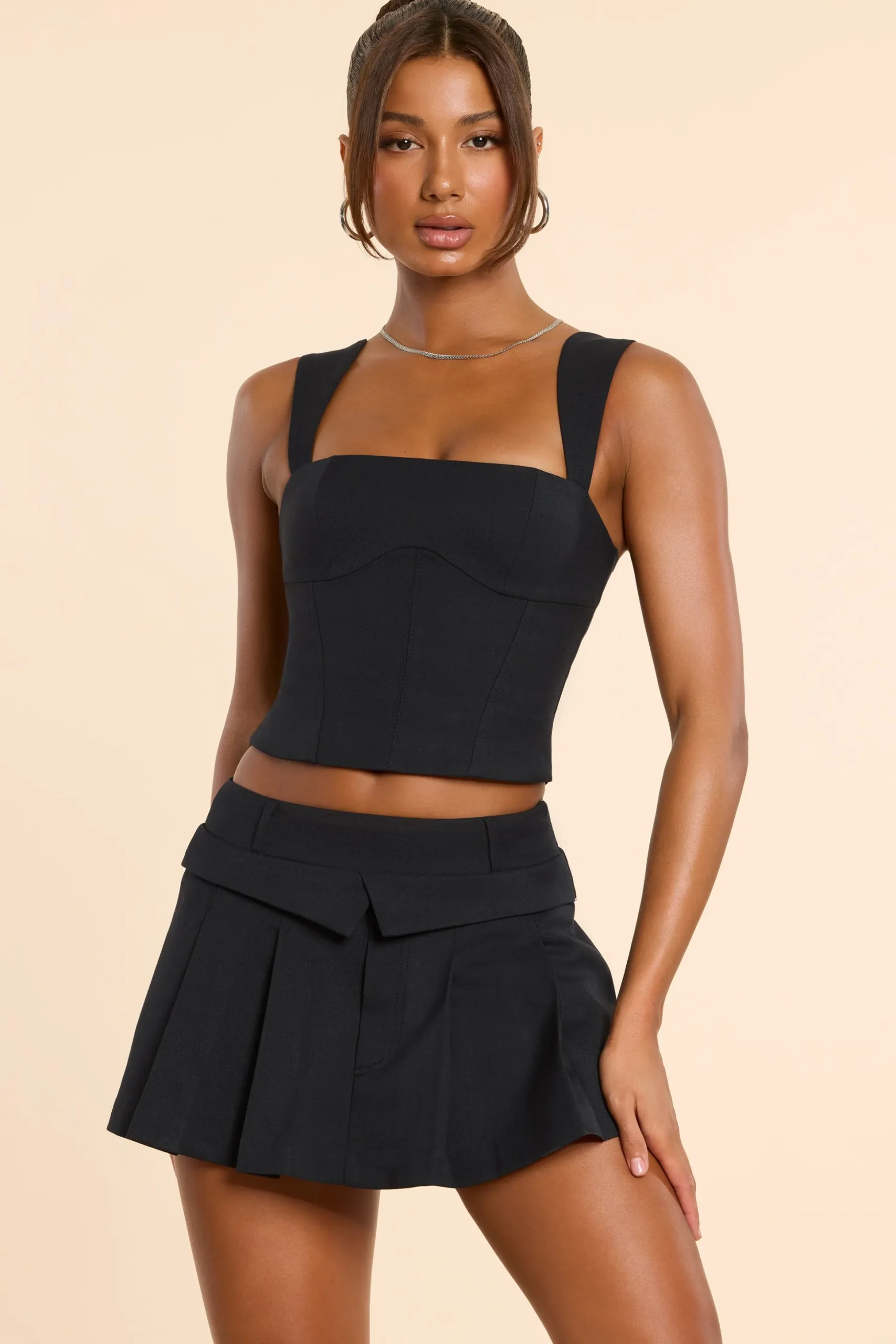 Oh Polly Co-Ords | Tops^Brushed Twill Square Neck Tailored Top in Black