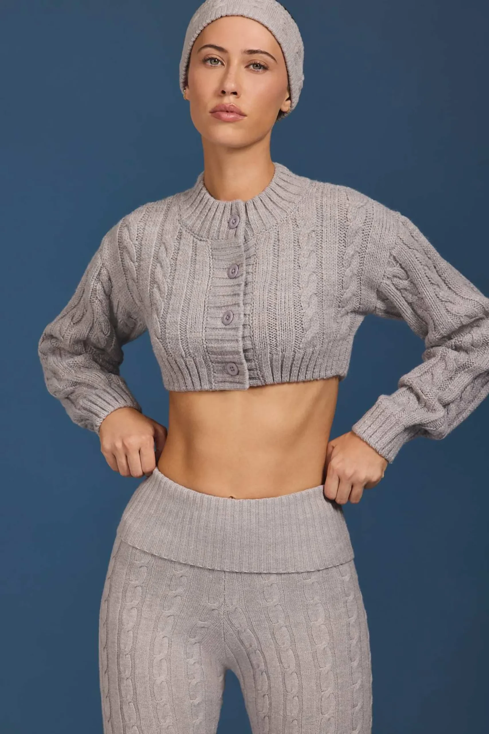 Oh Polly Knitwear^Cable-Knit Cropped Cardigan in Grey Marl GreyMarl