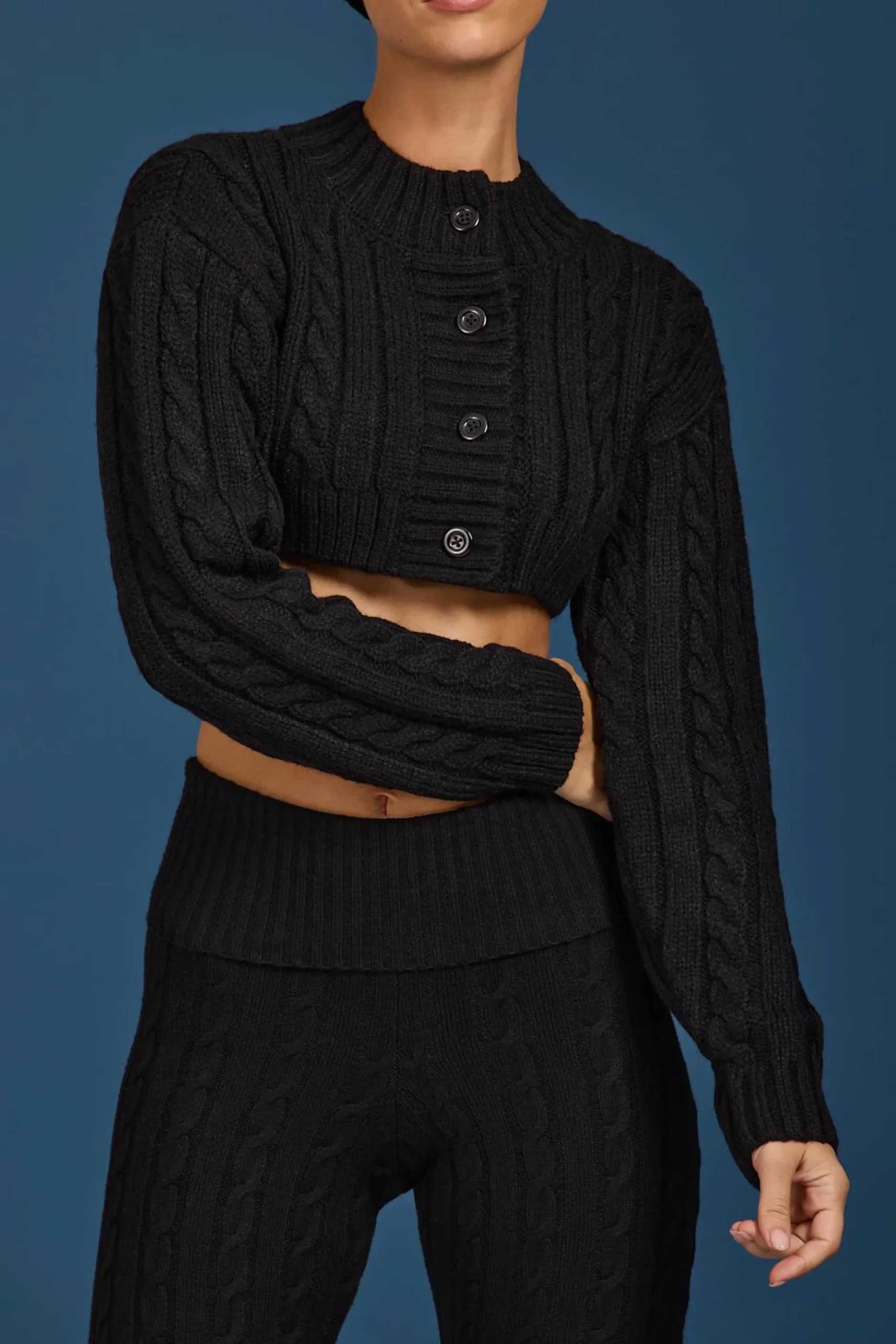 Oh Polly Knitwear^Cable-Knit Cropped Cardigan in Black
