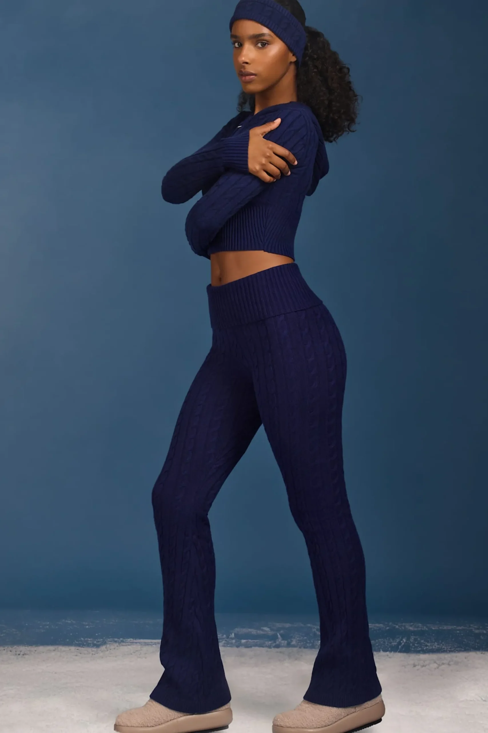 Oh Polly Knitwear^Cable-Knit Flared Trousers in Navy