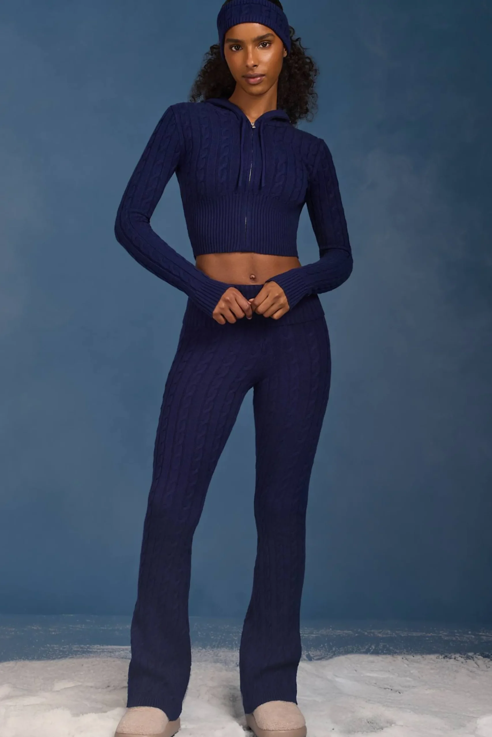 Oh Polly Knitwear^Cable-Knit Flared Trousers in Navy