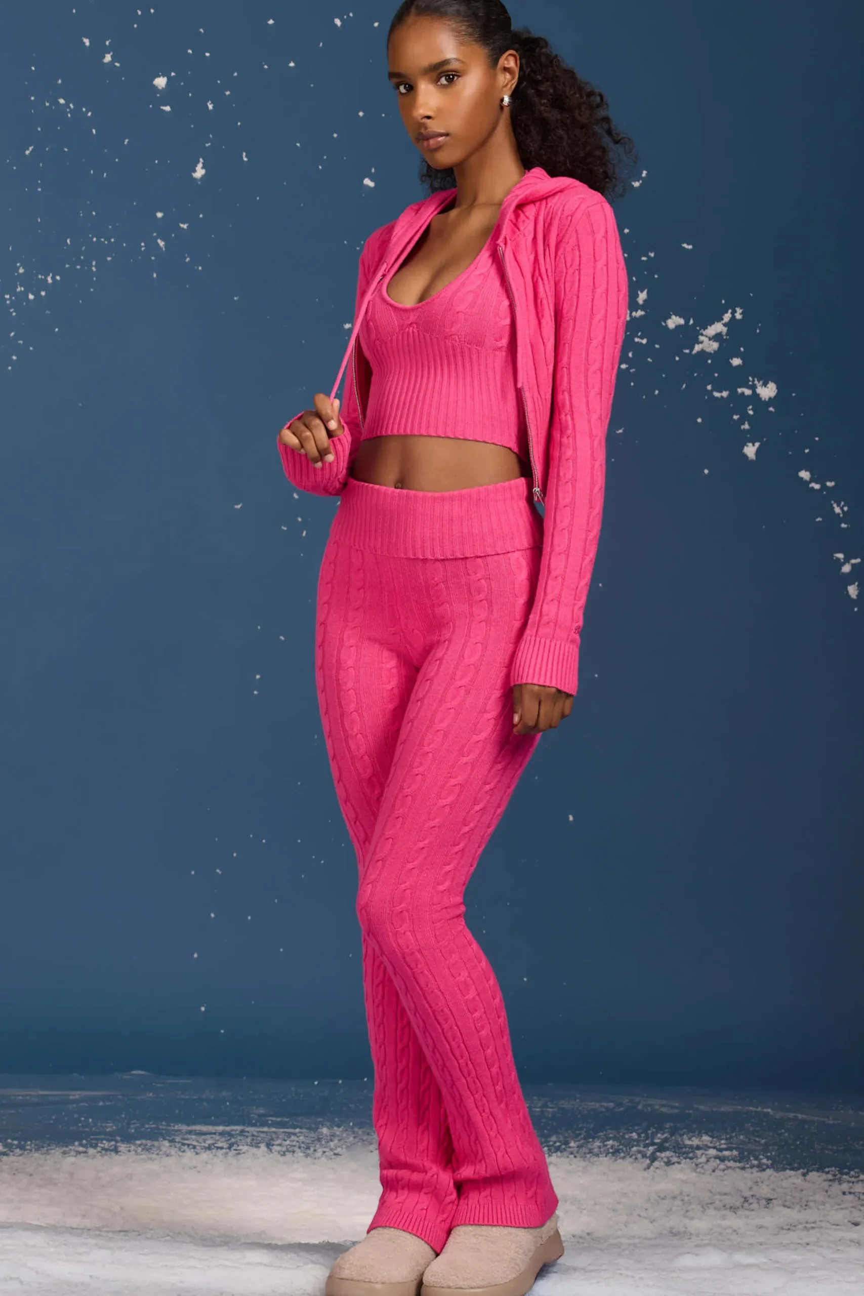 Oh Polly Knitwear^Cable-Knit Flared Trousers in Hot Pink HotPink