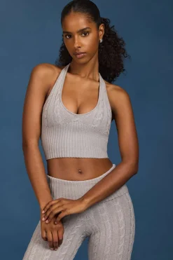 Oh Polly Knitwear | Tops^Cable-Knit Halterneck Crop Top in Grey Marl GreyMarl