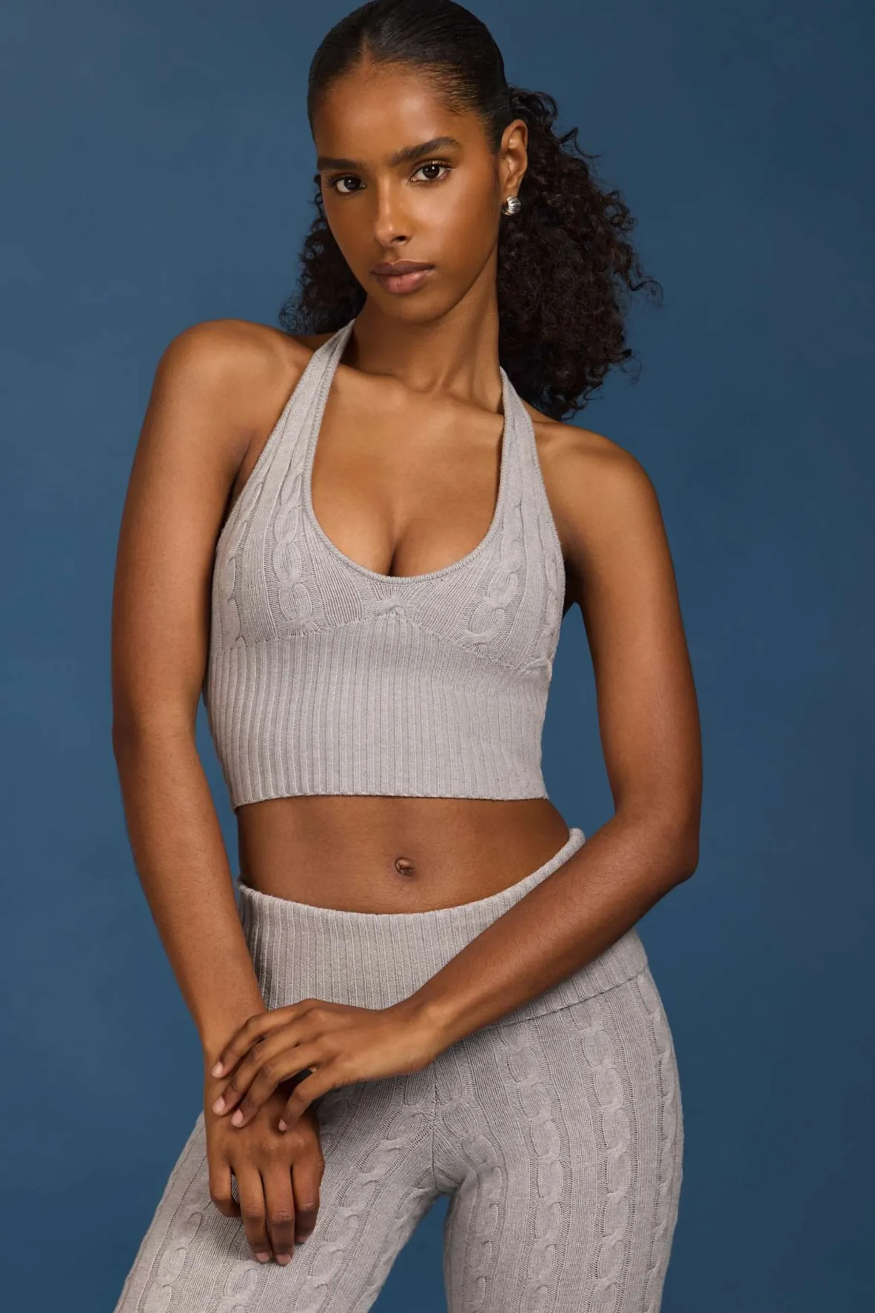 Oh Polly Knitwear | Tops^Cable-Knit Halterneck Crop Top in Grey Marl GreyMarl