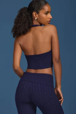 Oh Polly Knitwear | Tops^Cable-Knit Halterneck Crop Top in Navy