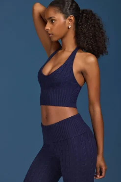 Oh Polly Knitwear | Tops^Cable-Knit Halterneck Crop Top in Navy