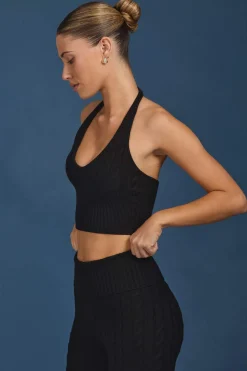 Oh Polly Knitwear | Tops^Cable-Knit Halterneck Crop Top in Black