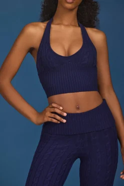 Oh Polly Knitwear | Tops^Cable-Knit Halterneck Crop Top in Navy