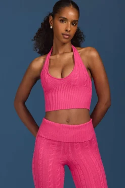Oh Polly Knitwear | Tops^Cable-Knit Halterneck Crop Top in Hot Pink HotPink