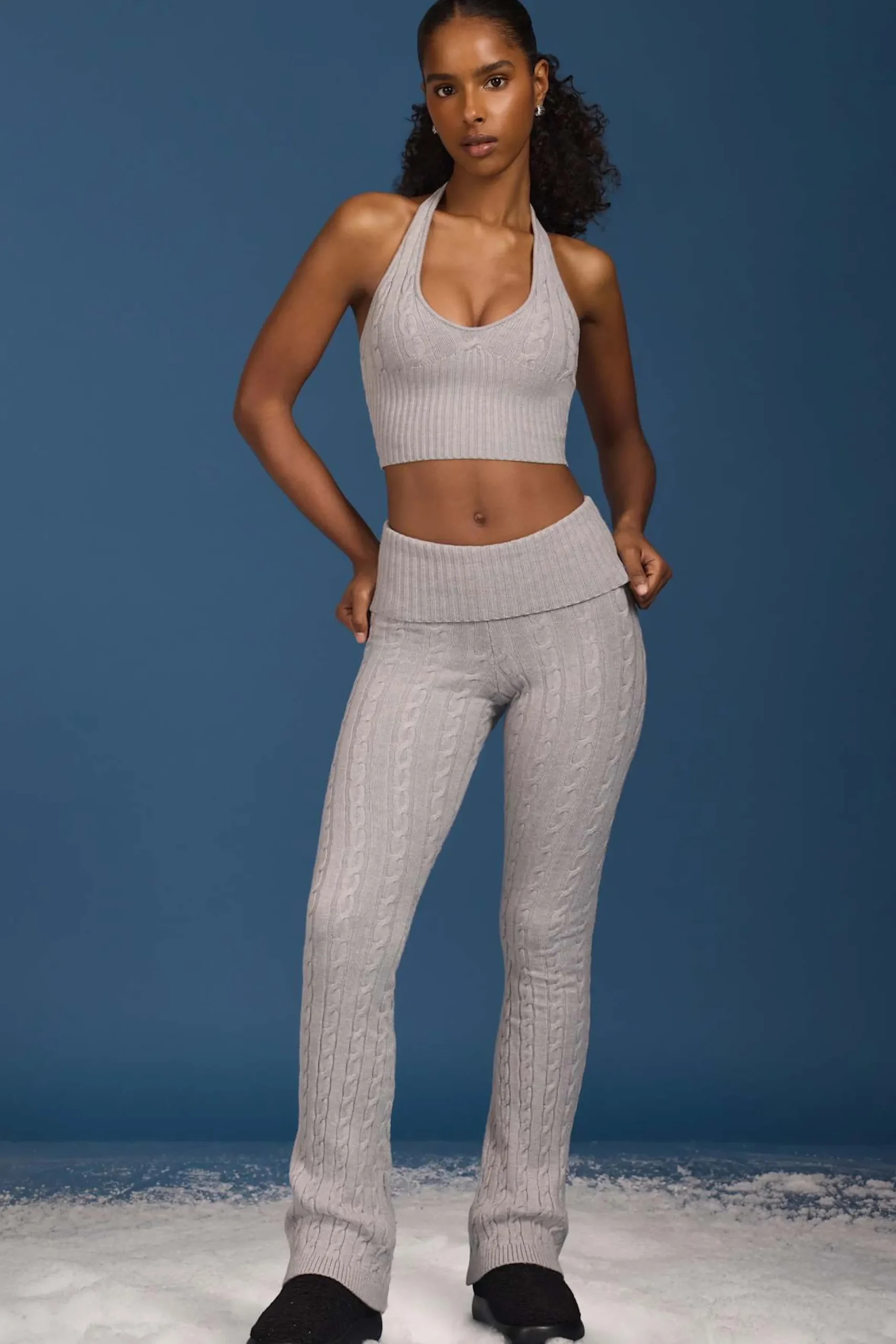 Oh Polly Knitwear | Tops^Cable-Knit Halterneck Crop Top in Grey Marl GreyMarl