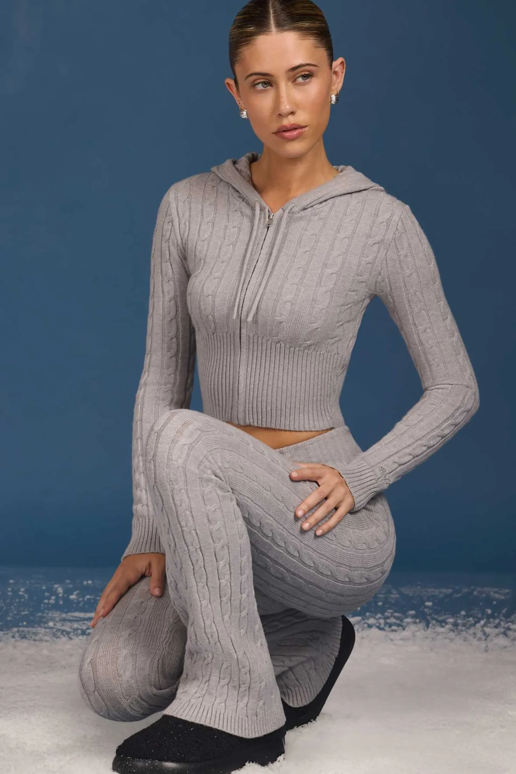 Oh Polly Knitwear | Tracksuits^Cable-Knit Zip-Up Hoodie in Grey Marl GreyMarl