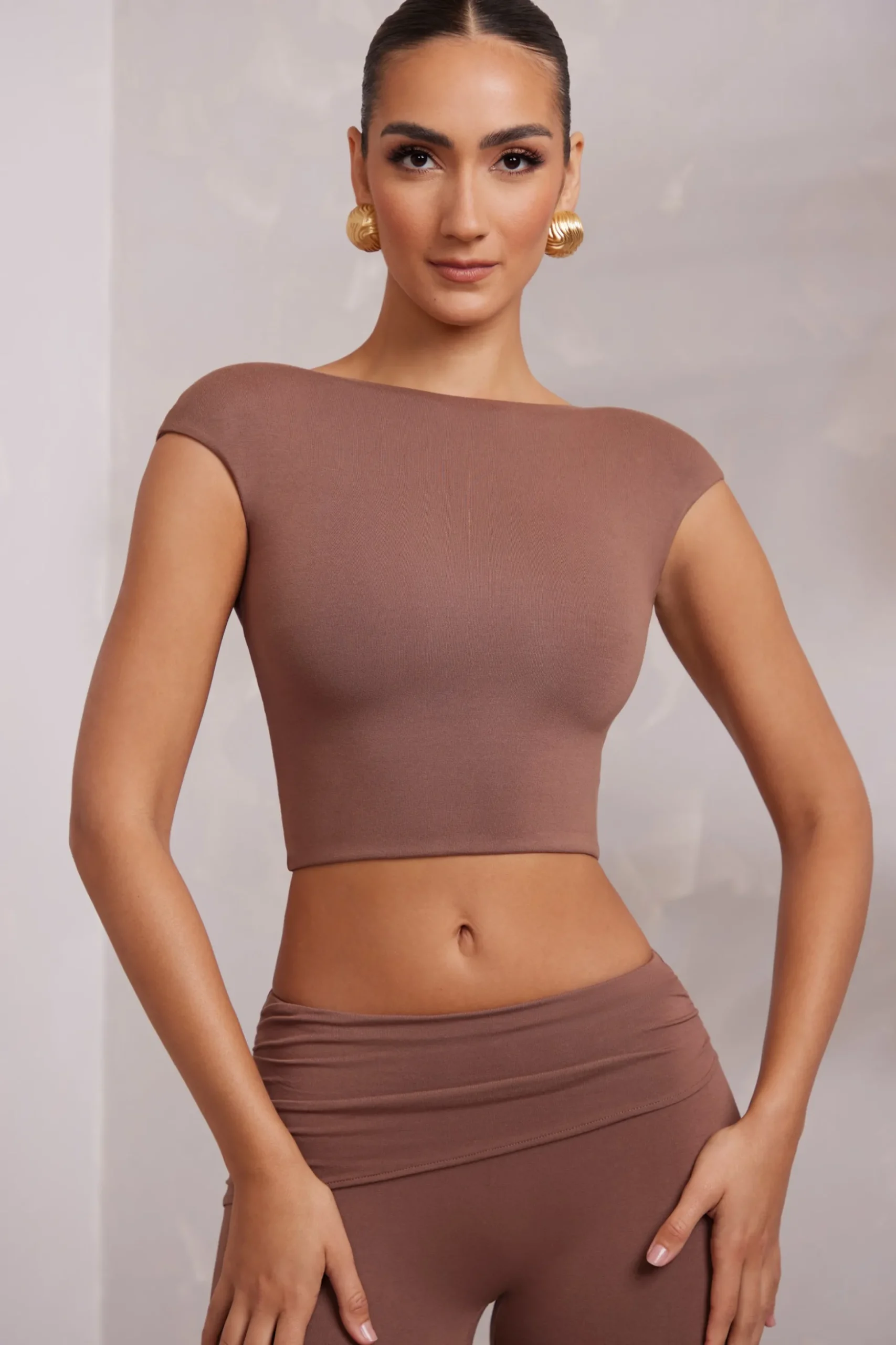 Oh Polly Tops | Elevated Essentials^Cap Sleeve Open Back Crop Top in Brown