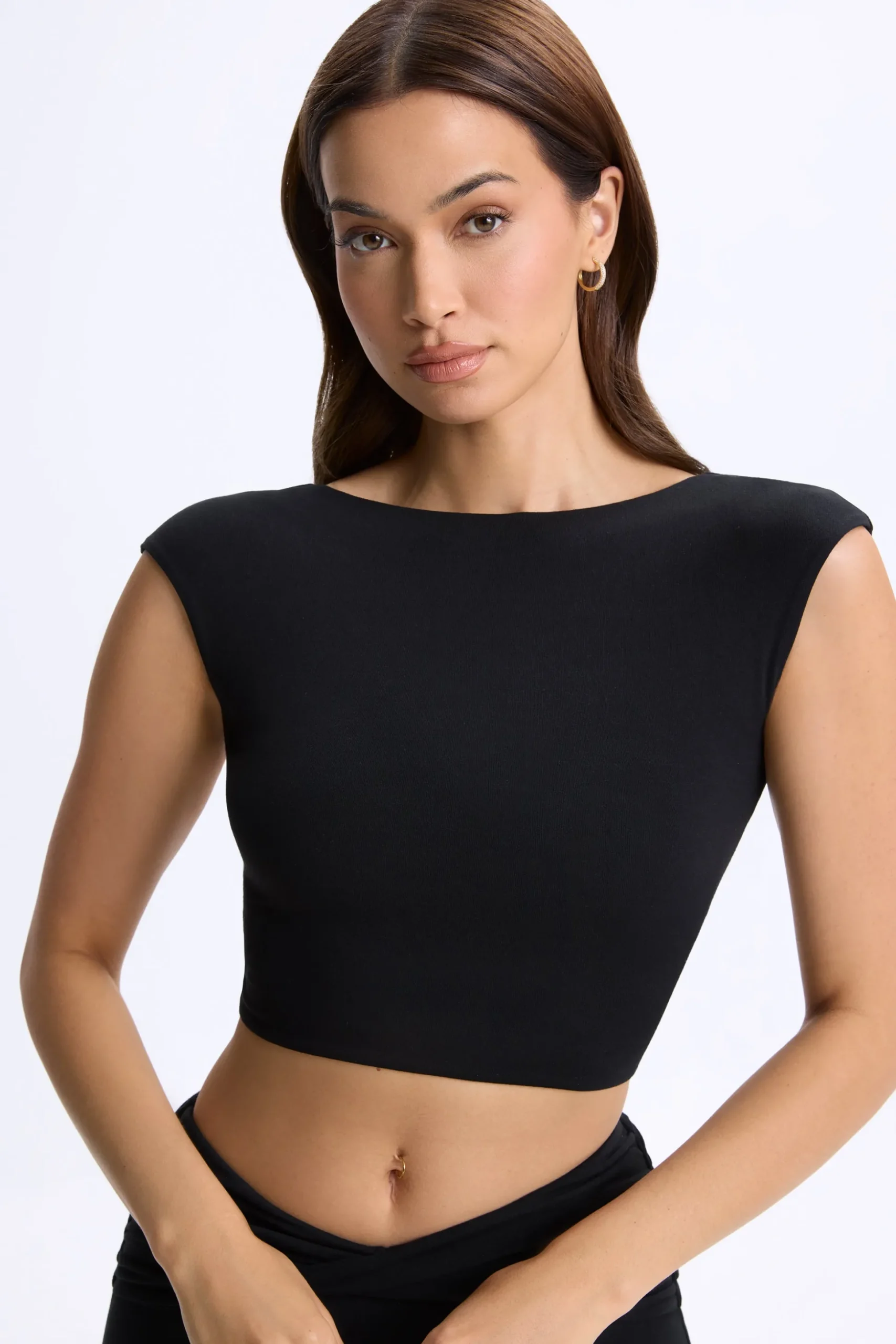 Oh Polly Co-Ords | Tops^Cap-Sleeve Open-Back Crop Top in Black