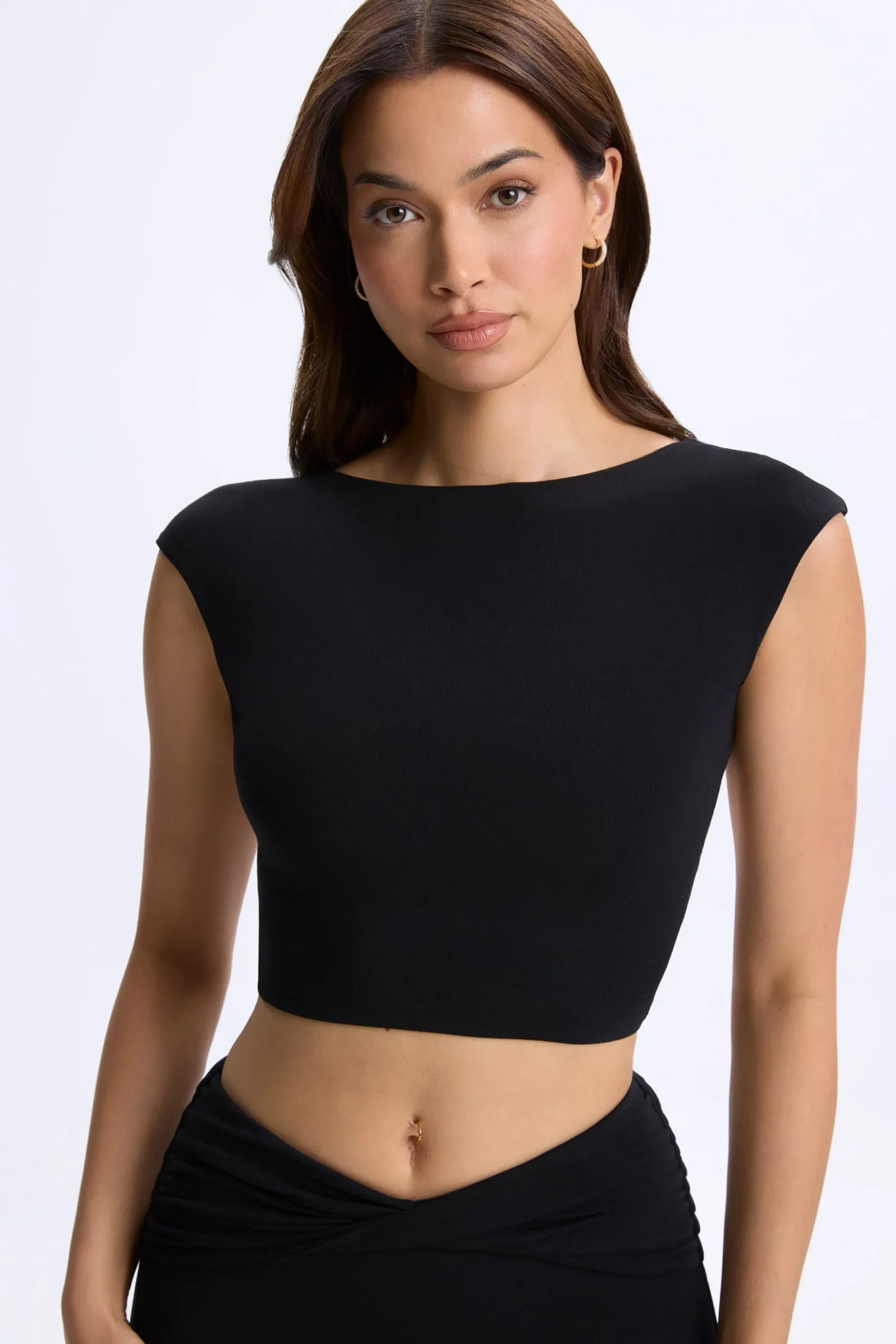Oh Polly Co-Ords | Tops^Cap-Sleeve Open-Back Crop Top in Black