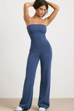 Oh Polly Knitwear^Chunky Knit Kick Flare Unitard in Washed Navy WashedNavy