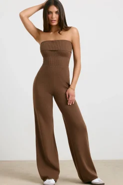 Oh Polly Knitwear^Chunky Knit Kick Flare Unitard in Espresso