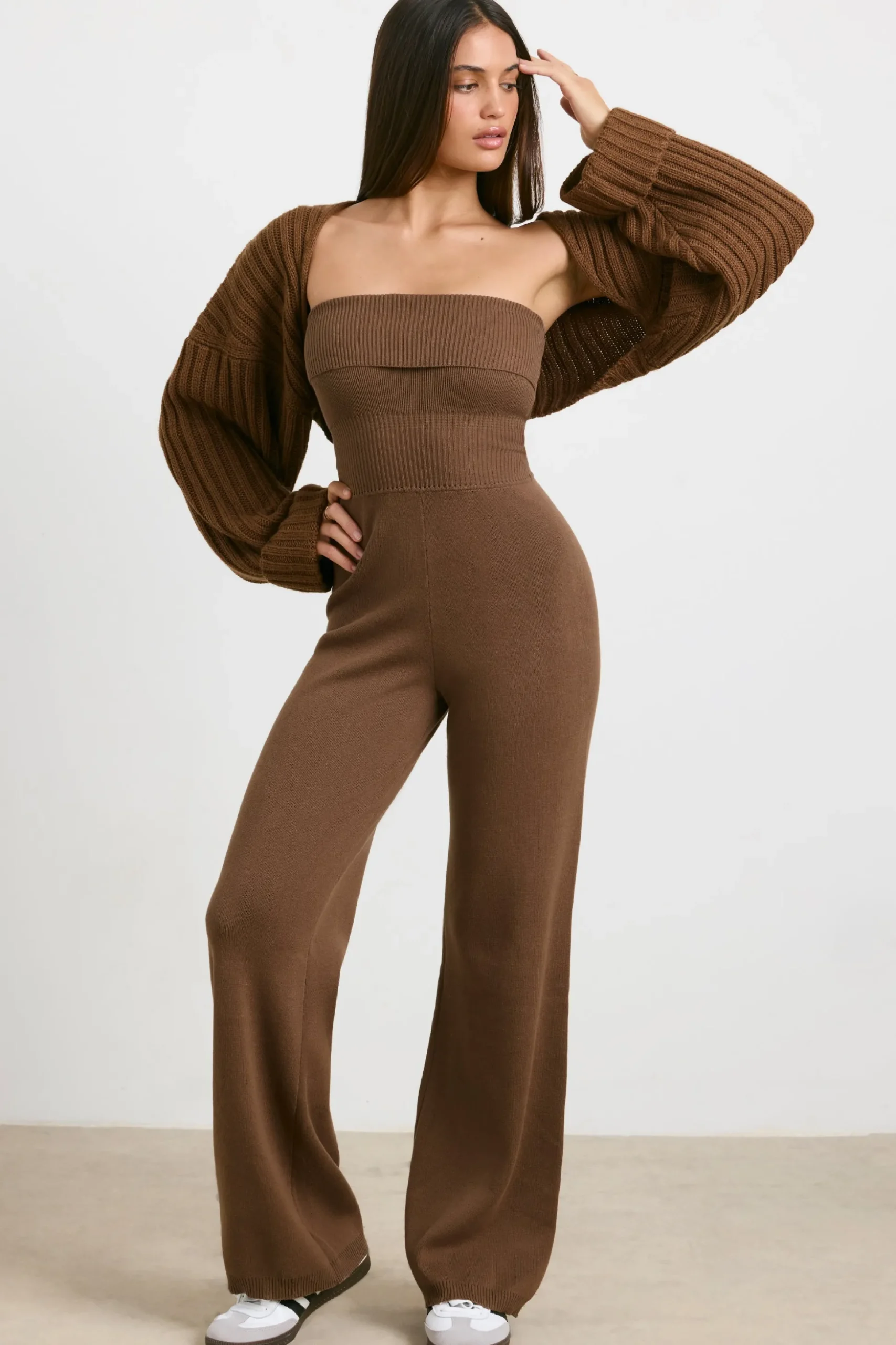 Oh Polly Knitwear^Chunky Knit Kick Flare Unitard in Espresso