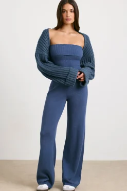 Oh Polly Knitwear^Chunky Knit Kick Flare Unitard in Washed Navy WashedNavy