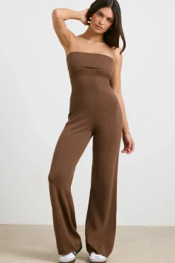 Oh Polly Knitwear^Chunky Knit Kick Flare Unitard in Espresso