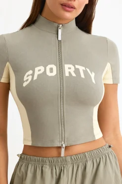 Oh Polly Tops^Colourblock Zip-Up Crop Top in Mineral