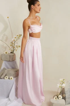Oh Polly Co-Ords | Tops^Cowl Neck Heavy Satin Crop Top in Pink