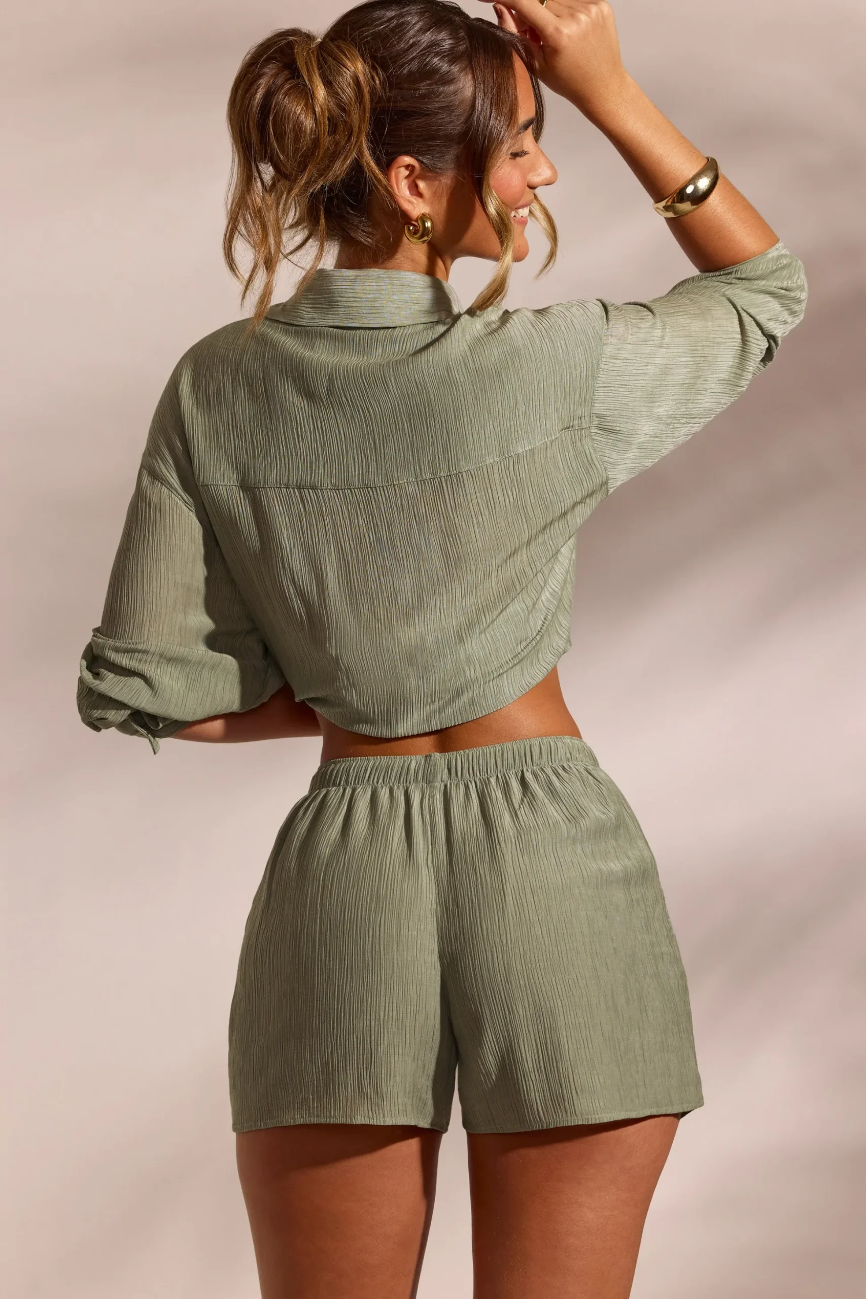 Oh Polly Cover-Ups^Crinkle Textured Beach Shorts in Light Green LightGreen