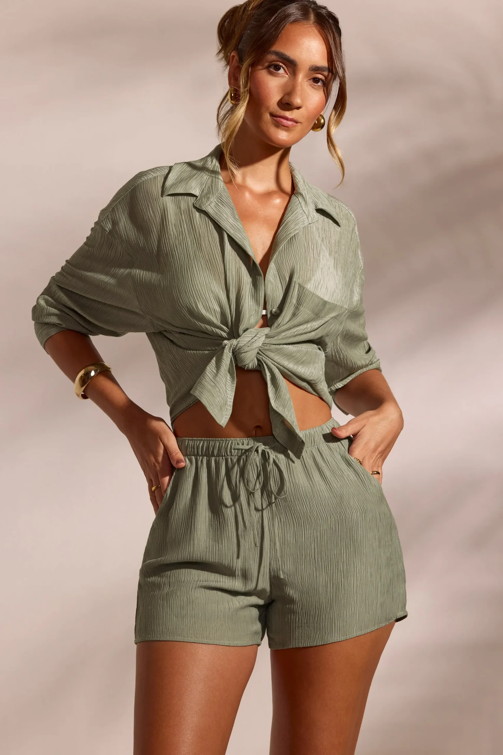 Oh Polly Cover-Ups^Crinkle Textured Beach Shorts in Light Green LightGreen
