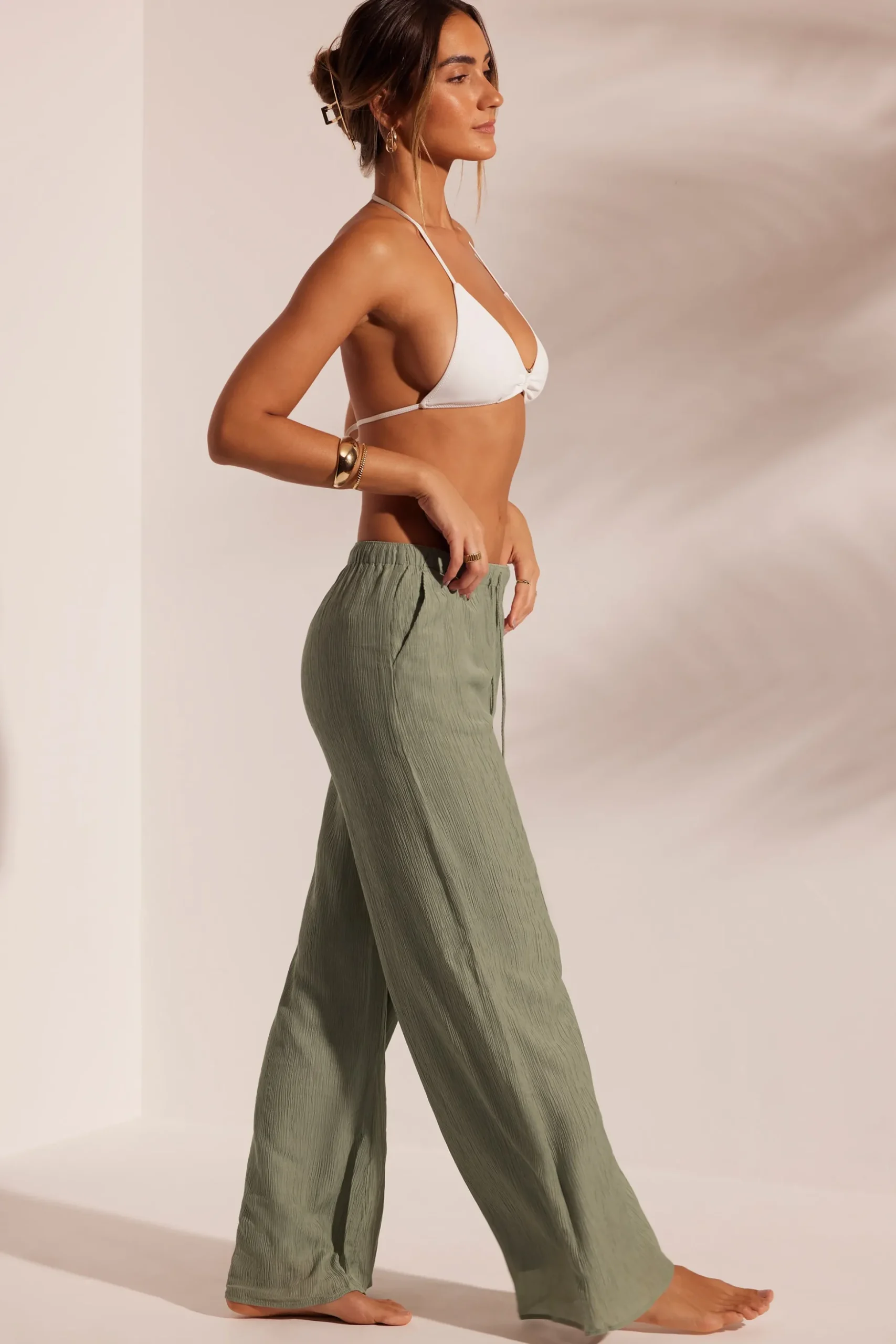 Oh Polly Cover-Ups^Crinkle Textured Beach Trousers in Light Green LightGreen