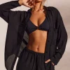Oh Polly Cover-Ups^Crinkle Textured Oversized Beach Shirt in Black
