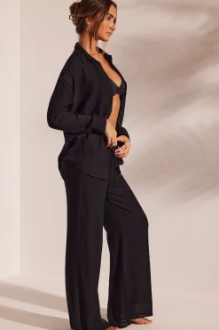 Oh Polly Cover-Ups^Crinkle Textured Oversized Beach Shirt in Black
