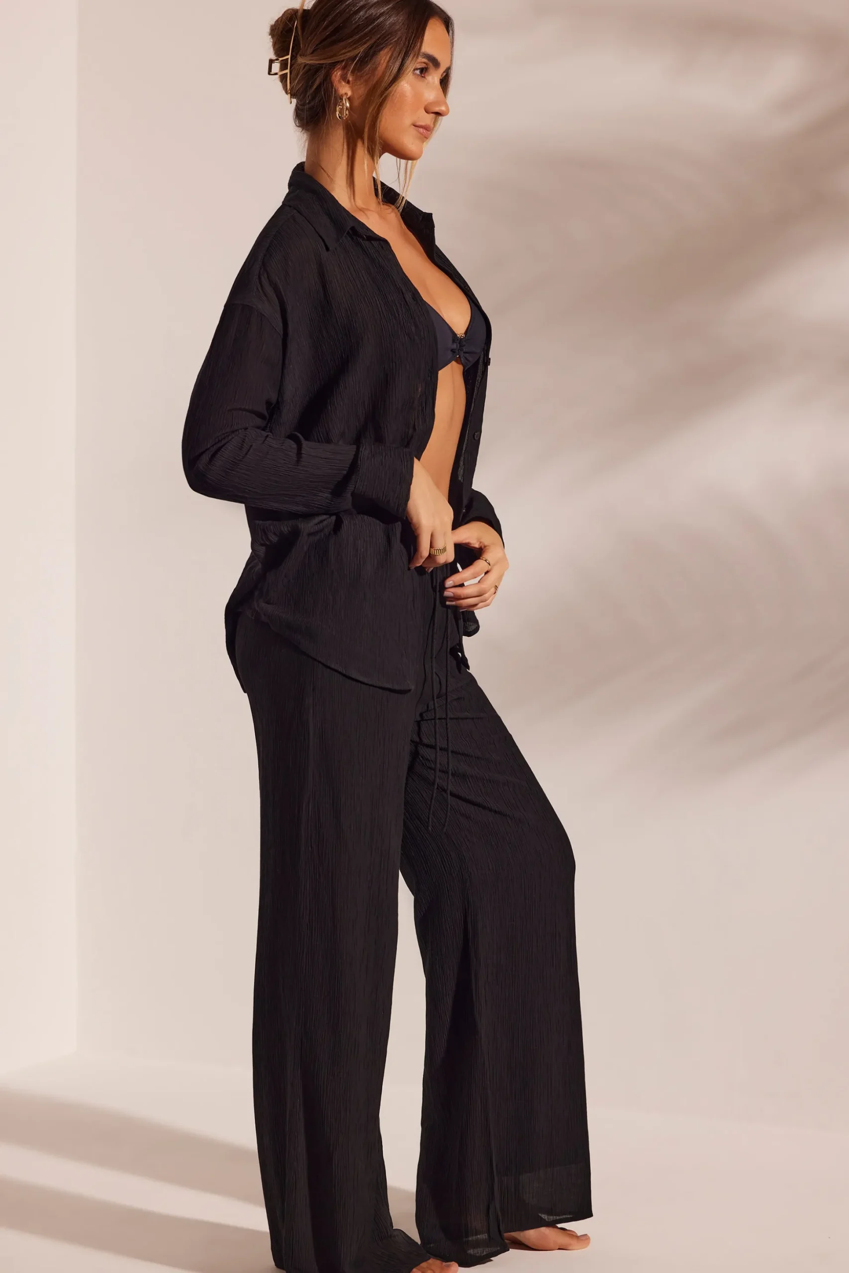 Oh Polly Cover-Ups^Crinkle Textured Oversized Beach Shirt in Black