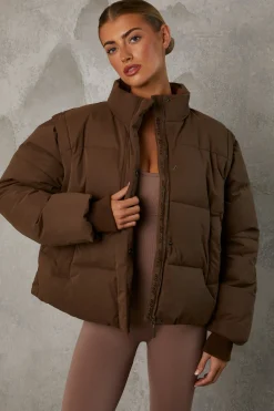 Oh Polly Coats^Cropped Puffer Jacket with Detachable Sleeves in Cocoa Brown CocoaBrown