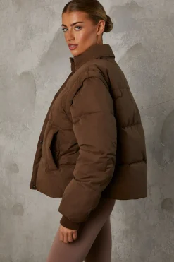 Oh Polly Coats^Cropped Puffer Jacket with Detachable Sleeves in Cocoa Brown CocoaBrown