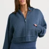 Oh Polly Knitwear | Sweatshirts^Cropped Zip Up Chunky Knit Hoodie in Washed Navy WashedNavy