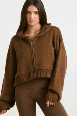 Oh Polly Knitwear | Sweatshirts^Cropped Zip Up Chunky Knit Hoodie in Espresso