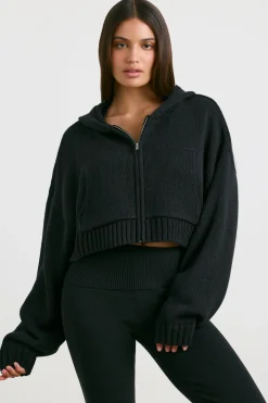 Oh Polly Knitwear^Cropped Zip Up Chunky Knit Hoodie in Black