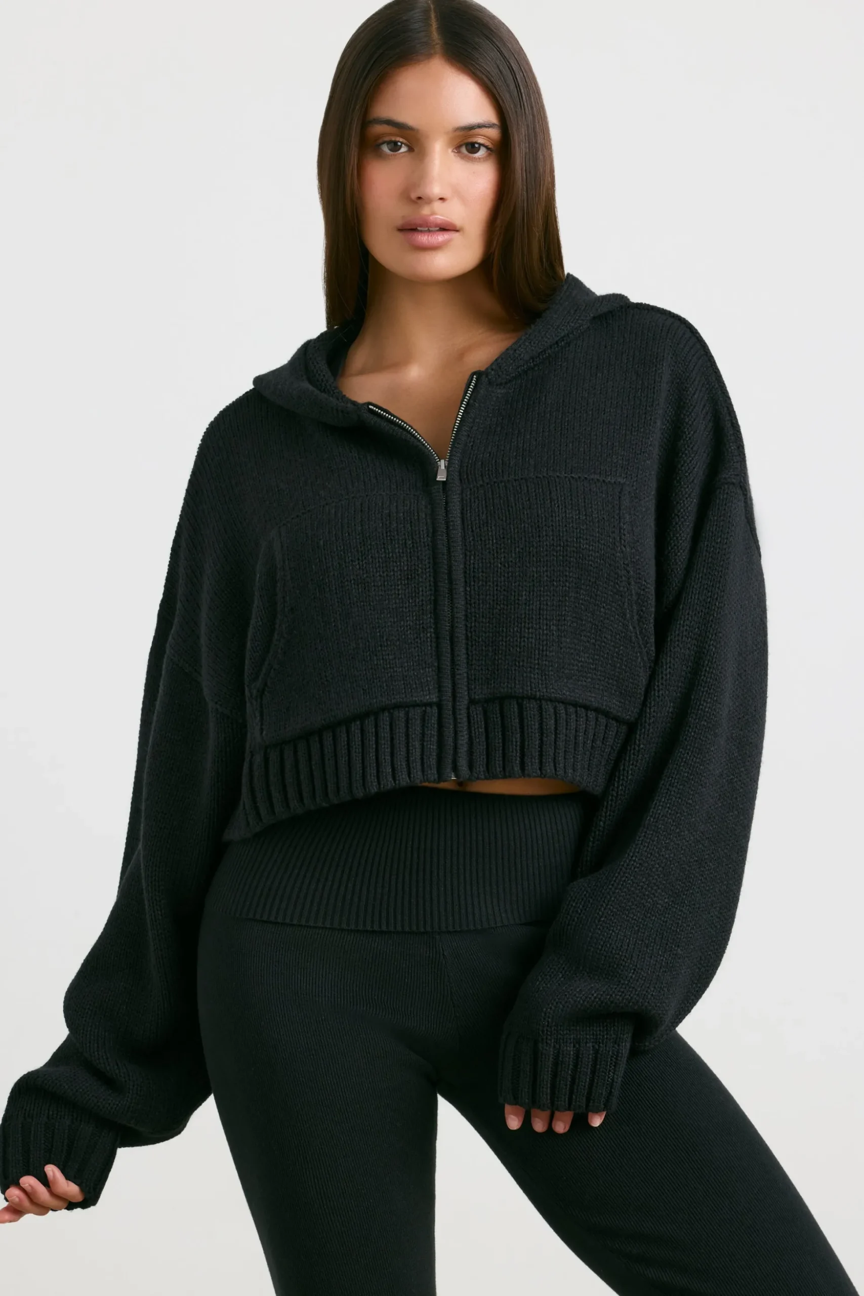 Oh Polly Knitwear^Cropped Zip Up Chunky Knit Hoodie in Black