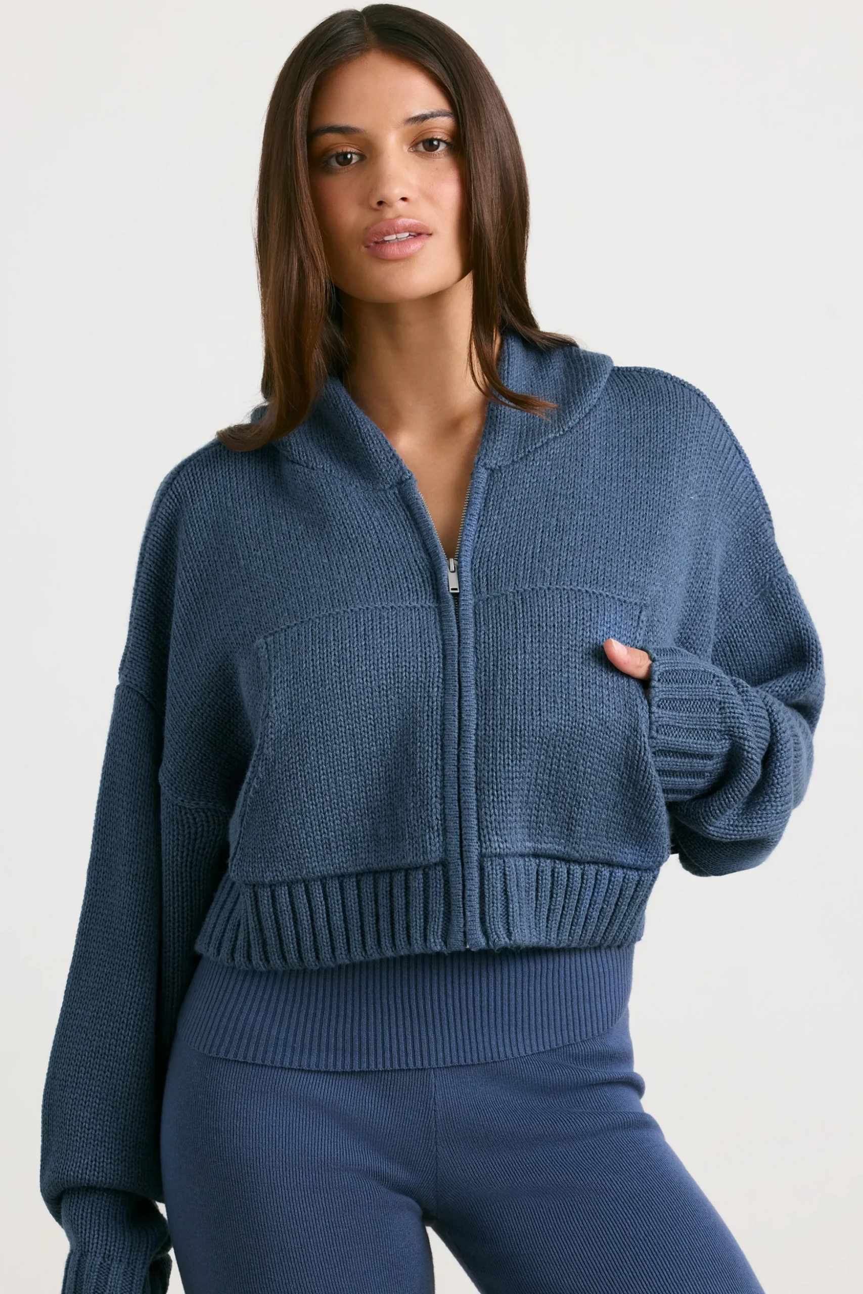 Oh Polly Knitwear | Sweatshirts^Cropped Zip Up Chunky Knit Hoodie in Washed Navy WashedNavy