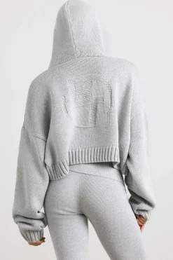 Oh Polly Knitwear | Sweatshirts^Cropped Zip Up Chunky Knit Hoodie in Heather Grey HeatherGrey